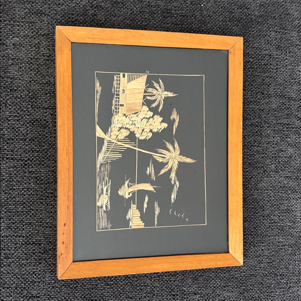 Vintage Malaya Straw Art Borneo Wood Framed Wall Hanging Asian